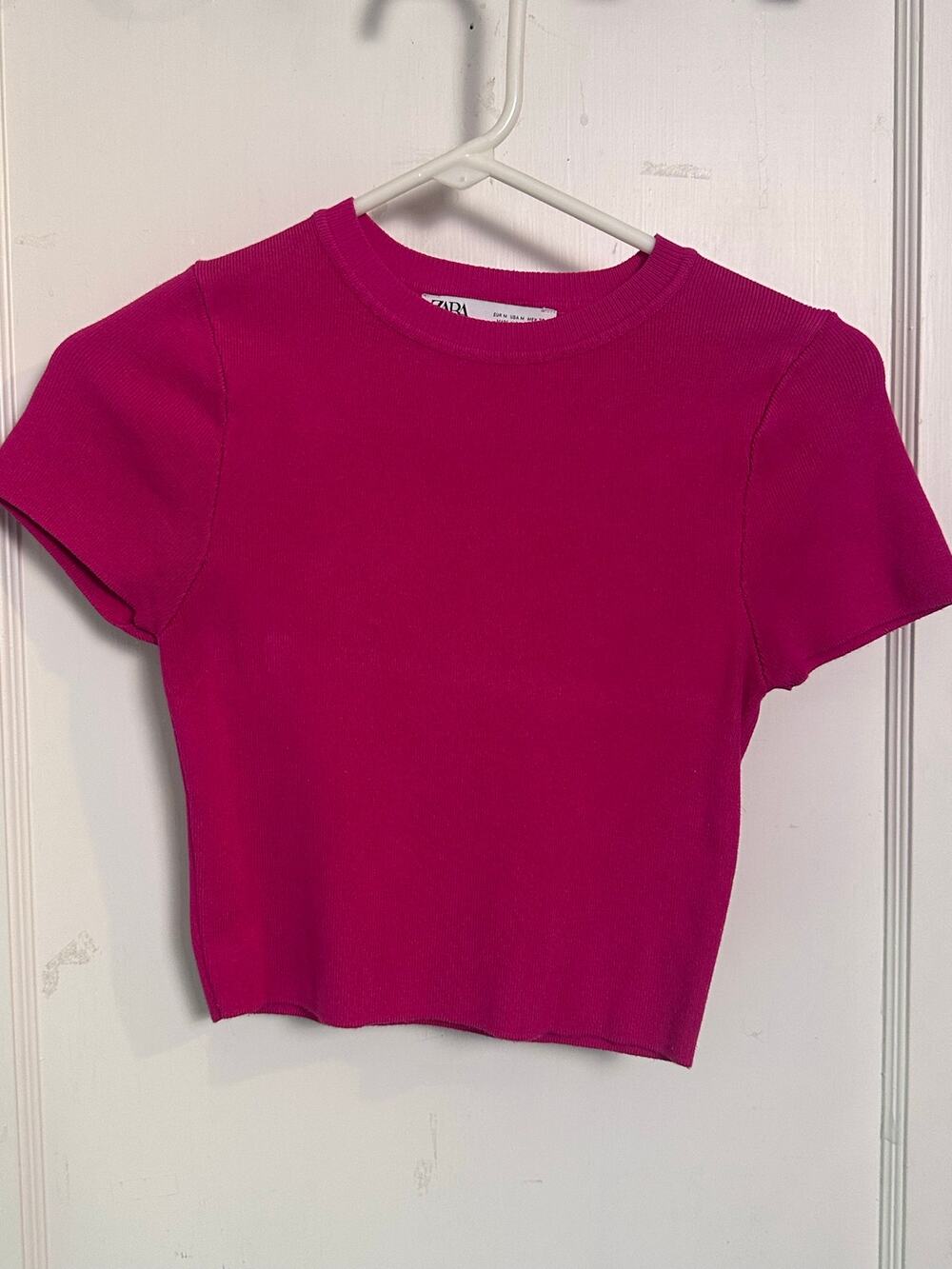 Zara Short Sleeve Cropped Sweater T Shirt, Fucshia, Medium (M)